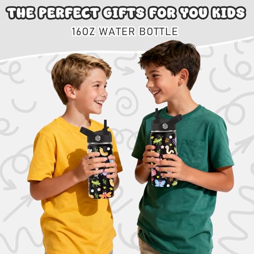 Hiboss Bee Theme Gifts, 16oz Kids Stainless Steel Insulated Water Bottle with Straw Lid, Insect Print Cup for Girls Boys, Birthday Gifts for School, Sport, Travel - color: Bee