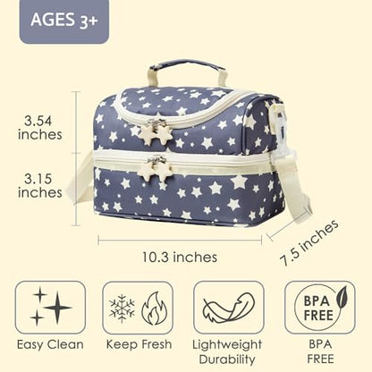 Kids Dual Compartment Lunch Bags Tote for Boys Girls Toddler Lunch Boxes Pre-School Toddler Kindergarten Picnic Camp Food Cooler Thermal with Strap (Yellow Star) - color: Yellow Star