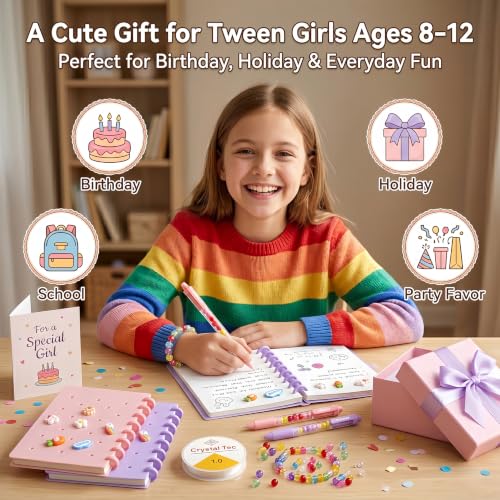 DIY Journal Kit for Girls, Cute Kawaii Stationery Gift Set with 2 Hole-Punched Spiral Notebooks , 2 Beadable Pens, 100 Beads&5m Elastic String,Arts and Crafts Birthday Gift for Tween Girls Age 8-12+