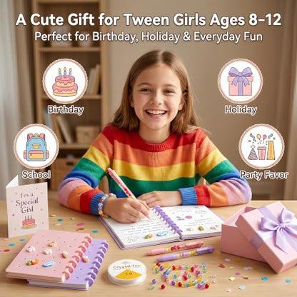 DIY Journal Kit for Girls, Cute Kawaii Stationery Gift Set with 2 Hole-Punched Spiral Notebooks , 2 Beadable Pens, 100 Beads&5m Elastic String,Arts and Crafts Birthday Gift for Tween Girls Age 8-12+