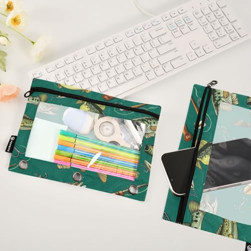 Pencil Pouch for 3 Ring Binder Bass Fish Fishing Poles Binder Pencil Pouches Clear Window Zipper Pencil Case 2 Pack for Office School College Supplies - color: Bass Fish