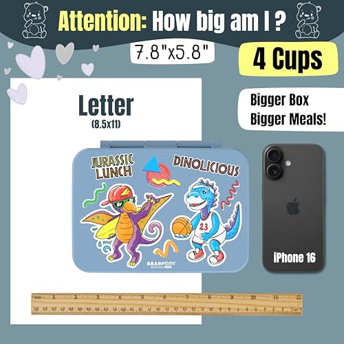 BEARFOOT Kids Lunch Box with Compartments – Compact & Lightweight | Leak-Proof, BPA-Free, Dishwasher Safe | Hand-Drawn Design for Preschool, School, Travel (Dinos Blue, 4 Cups) | BPA Free Leakproof Lunch Box with Compartments School & Nursery for Girls &