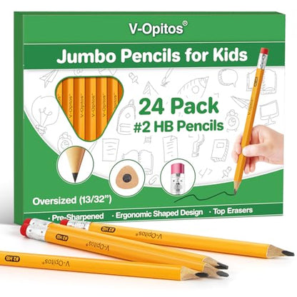 V-Opitos 24 Pack Jumbo #2 HB Pencils for Kids, Triangle Shape Pre-sharpened Wood-Cased Pencils with Top Erasers, Ideal Home, Kindergartens, School Classroom Supplies