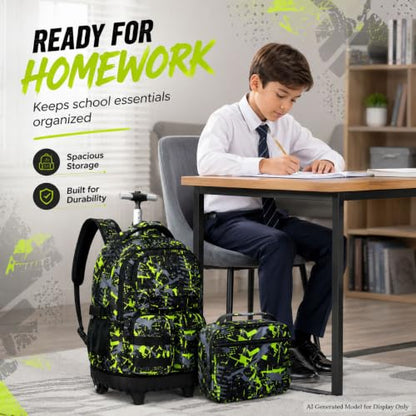WZLVO 3PCS Roller Backpack, Water Resistance Boys Wheeled Bookbag, Rolling School Bag Set with Lunch Box & Pencil Bag for Teens & Kids - Spray Painted Green - color: 3pcs Boys Rolling Backpack - Spray Painted Green