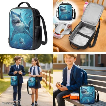 Blue Shark Backpack for Boys Kids Backpack with Lunch Box for Boys Set of 4 School Backpacks Matching Combo Back to School Gifts and Pencil Case Pouch for Teens Children Ages 6-17 17 inch - color: Blue Shark