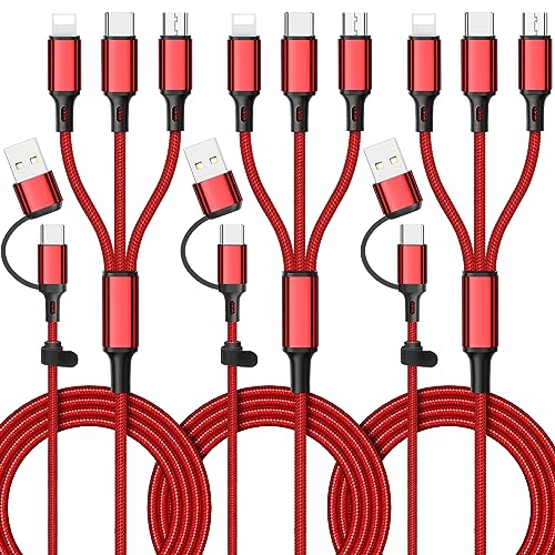 Ankndo 6 in 1 Multi Charging Cable [3Pack 4FT] Multi Charger Cable for All Devices, Universal Fast Multi Chargers Cord USB A/C to i-P/Type C//Micro USB Ports for Phone 17-11/Samsung/Tablets/PS - color: Red