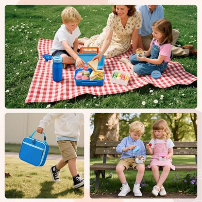 MAISON HUIS Bento Box for Kids with 8oz Soup Thermo, Insulated Lunch Bag & 17oz Water Bottle, 2-Compartment Bento Box with Built-In Ice Pack, Leak-Proof & BPA-Free (Blue) - color: Blue
