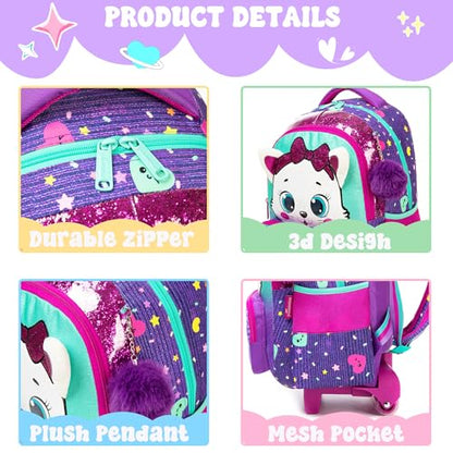 Meetbelify Rolling Backpack with Wheels for Girls Kids Cute Cat Rolling Backpack with Lunch Bag and Pencil Case Set Kids Travel Luggage for Elementary Girls Ages 5-12 - color: 01 Purple Cat