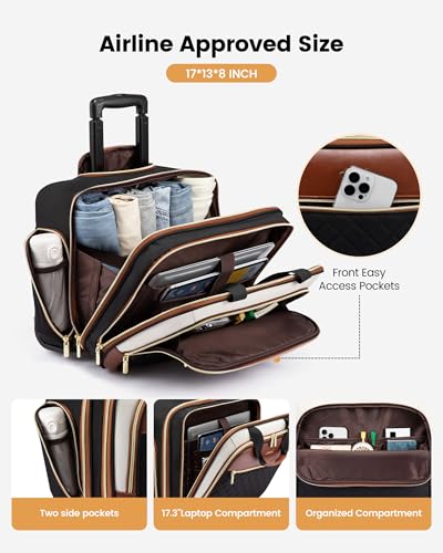 LOVEVOOK Rolling Laptop Bag Women, 17.3 Inch Laptop Briefcase with Wheels for Work Travel Business, Underseat Carry On Luggage Case,Khaki-Apricot - color: Khaki-Apricot