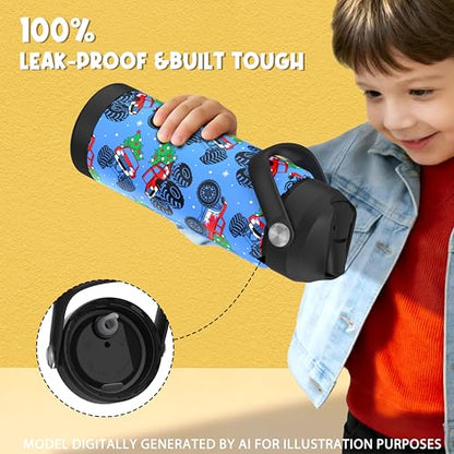 Boys Monster Truck Christmas Water Bottle for School，Kids 18 oz Insulated Stainless Steel Cup with Straw, Double-Wall Vacuum Leakproof - color: C12.Monster Truck-Christmas