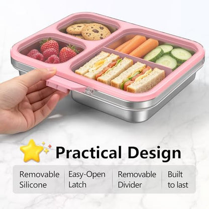 HOMEKOL Stainless Steel Bento Lunch Box 3-Compartment, 4.2Cups, Pink | Leak-Proof Metal Lunch Container for Kids & Adults, BPA-Free, Dishwasher Safe, Clear Tritan Lid, 1000ml (Not Insulated) - color: Pink, size: 34oz (1000ml)