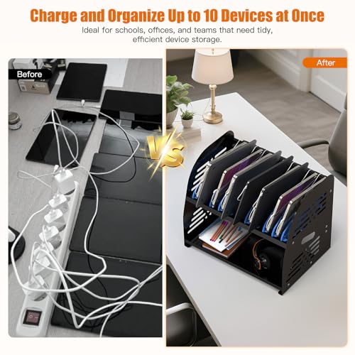 10-Device Charging Station with Power Strip – Open Charging Cabinet for Chromebooks, Laptops & Tablets up to 14” – Classroom Organization for iPads, Tablets & More, Ideal for Schools & Offices - size: 10 Devices