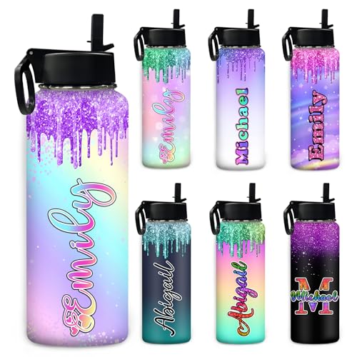Custom Water Bottle for Kids, Personalized Glitter Sports Water Bottle with Name for Boys Girls Customized Insulated Stainless Steel Vacuum Cup Bottle, Custom Christmas Gift for Mom Dad 18oz/32oz - color: Color 3