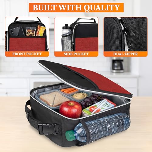 opux Insulated Lunch Bag for Kids Boys Girls, Small Compact Lunch Box with Wide Opening & Mesh Pockets, Reusable Lunch Pail for School, Work, Adults, Men, Women, Heather Red - color: Heather Red