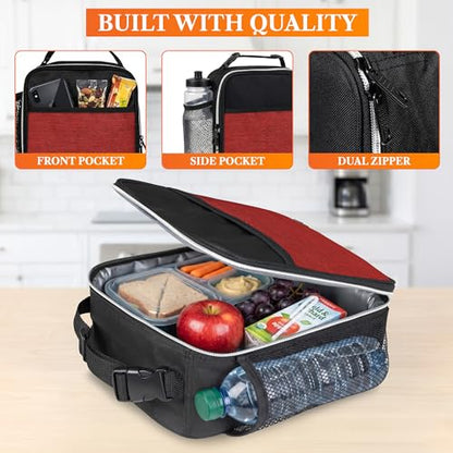 opux Insulated Lunch Bag for Kids Boys Girls, Small Compact Lunch Box with Wide Opening & Mesh Pockets, Reusable Lunch Pail for School, Work, Adults, Men, Women, Heather Red - color: Heather Red