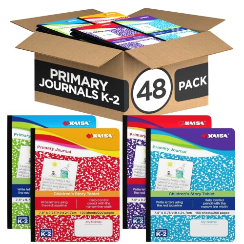 E-CLIPS USA Primary Composition Notebook K-2 Primary Ruled Composition Book Primary Writing Journal Bulk Grades K-2 Story Composition Notebooks For Kids 100 Sheets 200 Pages 7.5" x 9.75", 48 Pack, Assorted - size: 48 Pack