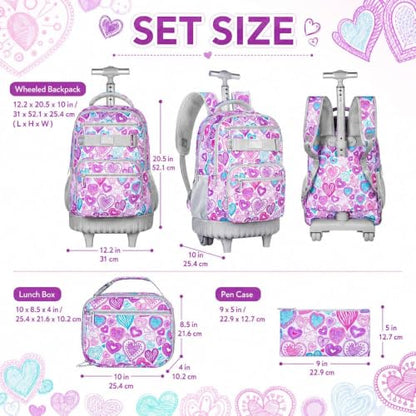 3pcs Rolling Backpack for Girls, 19 Inche Adult Bag with Roller Wheels, Wheeled Bookbag Set for Women - PinkGrey - color: Love Pinkgrey