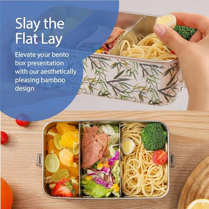 Chef's Path Bento Box with Aesthetic Bamboo Design, Leak-Proof 45.65oz Bento Lunch Box with Detachable Dividers, Airtight Silicone Lid for Fast and Easy Meal Prep