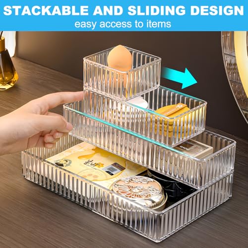 HOTOOLME 14PCS Clear Drawer Organizers Bins, 4 Size Clear Makeup Drawer Organizer, Stackable Vanity Drawer Organiser Trays, Bathroom Drawer Storage for Cosmetics, Office Supply - style: 14 Pack