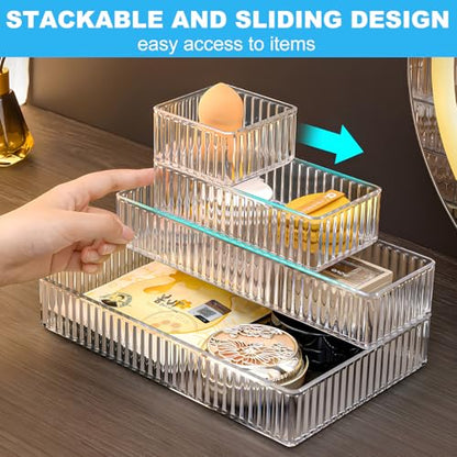 HOTOOLME 14PCS Clear Drawer Organizers Bins, 4 Size Clear Makeup Drawer Organizer, Stackable Vanity Drawer Organiser Trays, Bathroom Drawer Storage for Cosmetics, Office Supply - style: 14 Pack