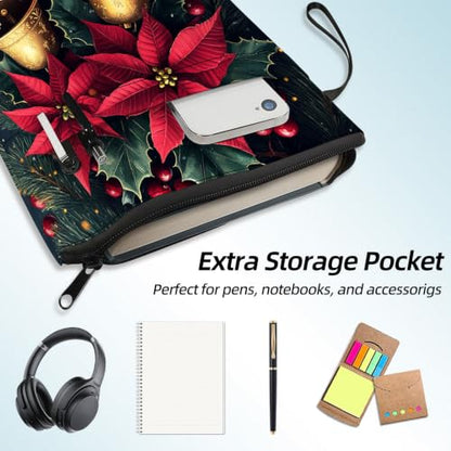 Padded Book Sleeve with Zipper & Front Pocket, Fabric Book Cover | Christmas Gold Bells Holly11.4"x8.7" Washable Canvas Pouch for Hardcovers, Tablets & Reading Accessories - color: Christmas Gold Bells Holly