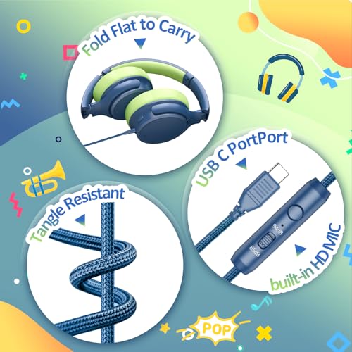 INFURTURE Kids Headphones USB C Over Ear with Active Noise-Canceling | HD Mic, Safe volume, Lightweight, Plug and Play, NO Charging Required Wired School Headphones for Teens for Travel/Classroom