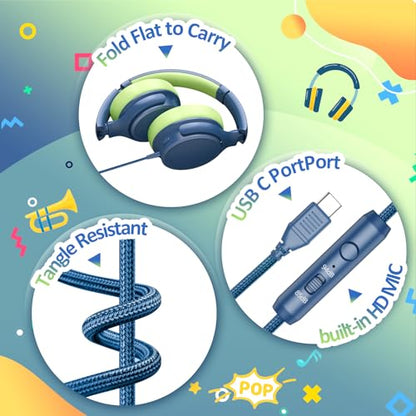 INFURTURE Kids Headphones USB C Over Ear with Active Noise-Canceling | HD Mic, Safe volume, Lightweight, Plug and Play, NO Charging Required Wired School Headphones for Teens for Travel/Classroom
