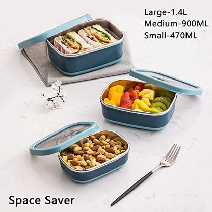 Lille Home Leak Proof Steel Food Containers - Snack Stainless Steel Containers - Ideal for Educational Settings & Daycare - Nesting Trio with Silicone Lids - 47oz+30oz+16oz - Dark Blue - color: Dark Blue
