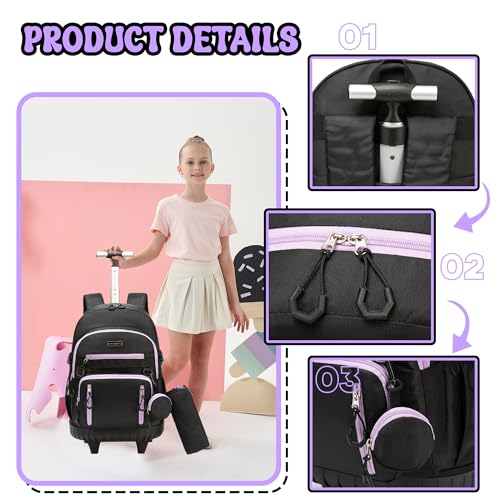 Meetbelify Rolling Backpack for Girls Boys Backpacks with Wheels Kids Carry on Luggage for Girls Boys - color: Girl Black Purple