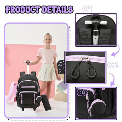 Meetbelify Rolling Backpack for Girls Boys Backpacks with Wheels Kids Carry on Luggage for Girls Boys - color: Girl Black Purple