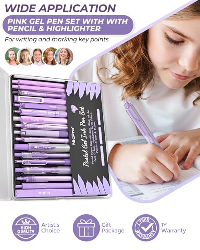Nicpro 22PCS Pastel Gel Ink Pen Set, Cute Retractable Aesthetic Pen and Pencil, 13 Black Ink Pens with 2 Highlighter, 2 Mechanical Pencil 0.5 0.7mm, Smooth Writing Pens for School, Office(Purple) - color: Purple