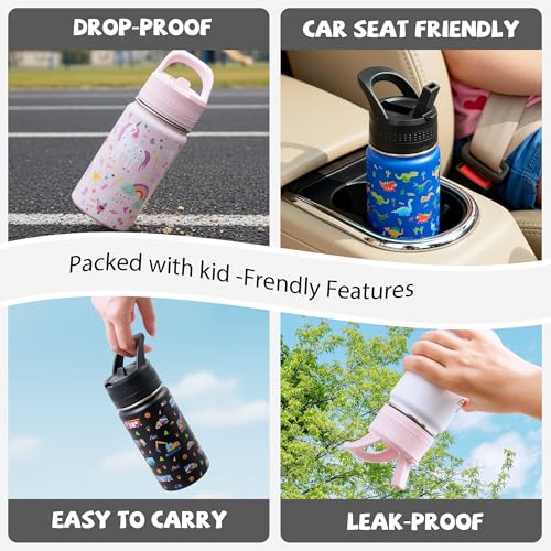 14 Oz Kids Water Bottle, Stainless Steel Water Bottle with Straws, Leak-Proof, BPA-Free, Insulated Water Bottles for School Boys & Girls|Black Dinosaur - color: Black cartoon dinosaur