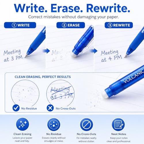 Volcanics Retractable Clicker Erasable Gel Pens - 0.7mm Ball Point, Heat Erase with Built-in Eraser, 12 Pack Blue - color: Blue