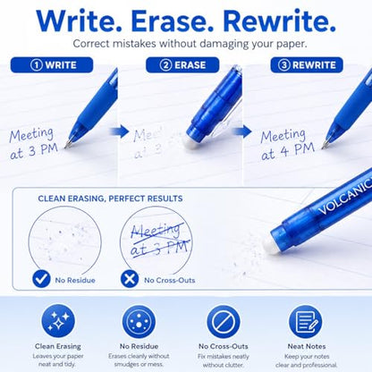 Volcanics Retractable Clicker Erasable Gel Pens, Blue Ink, 0.7mm, 12 Pack | Gel Ink Pens Erasable With Built-In Eraser, Smooth Writing For School, Office, Journaling, Note Taking And Daily Use - color: Blue