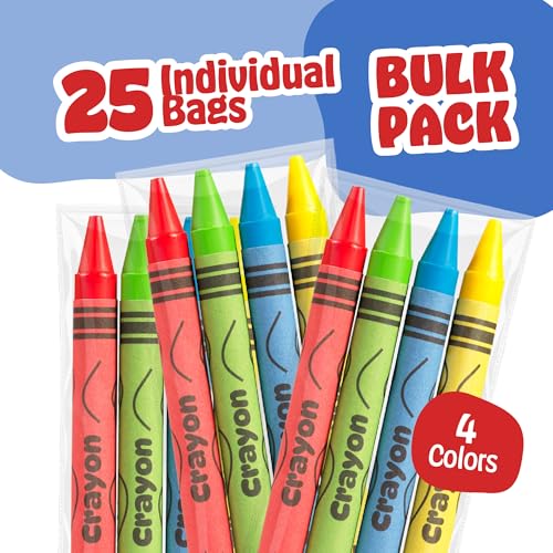 Bulk Crayons 100 Pack (25 Sets of 4) - Individually Wrapped Crayons Party Favors for Kids, Restaurants, Classrooms, Birthday Goodie Bags, School Supplies, Travel, Toddler Coloring, Non-Toxic - style: 25 Packs of 4 (100 Count)
