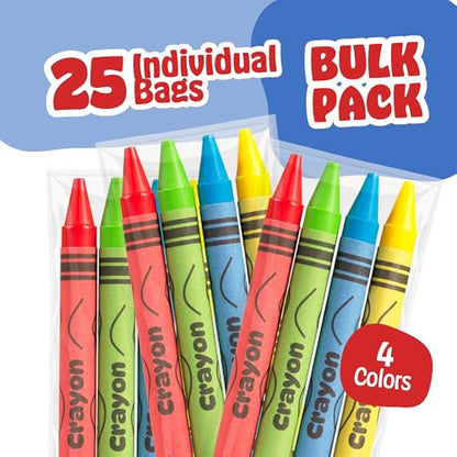 Bulk Crayons 100 Pack (25 Sets of 4) - Individually Wrapped Crayons Party Favors for Kids, Restaurants, Classrooms, Birthday Goodie Bags, School Supplies, Travel, Toddler Coloring, Non-Toxic - style: 25 Packs of 4 (100 Count)