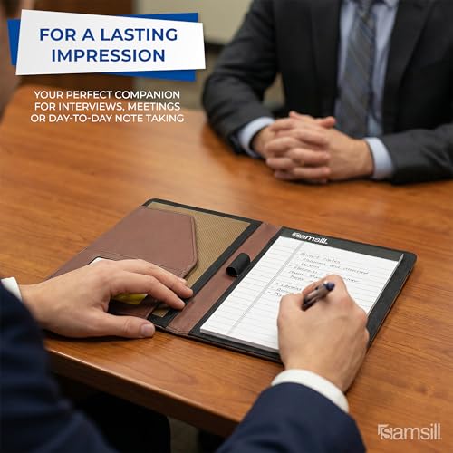 Samsill Contrast Stitch Faux-Leather Portfolio, Mini Size Business Interview Professional Padfolio, Includes 5 x 8 Inch Writing Pad, Brown - color: Brown