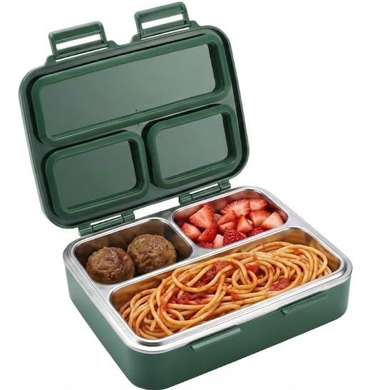 Stainless Steel Bento Box with Vacuum-Seal Valve (Leak-Proof) – 3-Compartment Medium Lunch Container (8.8" x 6.9") – Easy-Open Air Vent, Removable Tray & Spoon (Green)