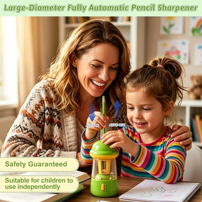 Rechargeable Electric Pencil Sharpener, 6-12mm Auto in & Out Fully Automatic Pencil Sharpener for Kids, Large Capacity Battery Powered, with Cartoon Stickers Ideal for Classroom & Home (Green) - color: Green