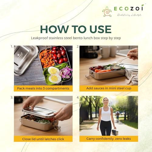 ecozoi Stainless Steel Lunch Box for Kids and Adults with 50 ml Sauce Container, 1-Tier Metal Bento Box Leak Proof with 5 Compartments, 50 Oz Metal Lunch Container, Meal Prep Food Container, - size: 3 Compartment 24 Oz