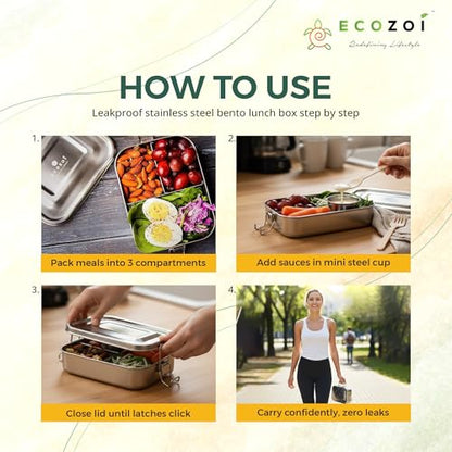 ecozoi Stainless Steel Lunch Box for Kids and Adults with 50 ml Sauce Container, 1-Tier Metal Bento Box Leak Proof with 5 Compartments, 50 Oz Metal Lunch Container, Meal Prep Food Container, - size: 3 Compartment 24 Oz