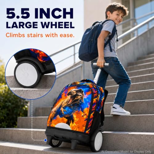 KLFVB Big Quiet-Glide Wheels Rolling Backpack, 3-in-1 Roller Bag Set with Lunch Bag | Water-Resistant Wheeled Bookbag for Boys, School, Travel, Play - Flame T-Rex - color: Rolling Backpack with Big Wheels - Flame T-Rex