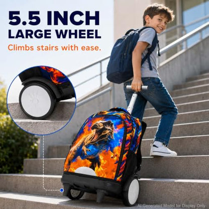 KLFVB Big Quiet-Glide Wheels Rolling Backpack, 3-in-1 Roller Bag Set with Lunch Bag | Water-Resistant Wheeled Bookbag for Boys, School, Travel, Play - Flame T-Rex - color: Rolling Backpack with Big Wheels - Flame T-Rex