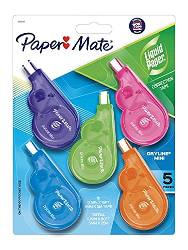 Paper Mate Liquid Paper DryLine Mini Correction Tapes, Mess-Free, Assorted Colors, 5 Count - Home, Office, Teacher Supplies, College Essentials - style: Mini Correction Tape