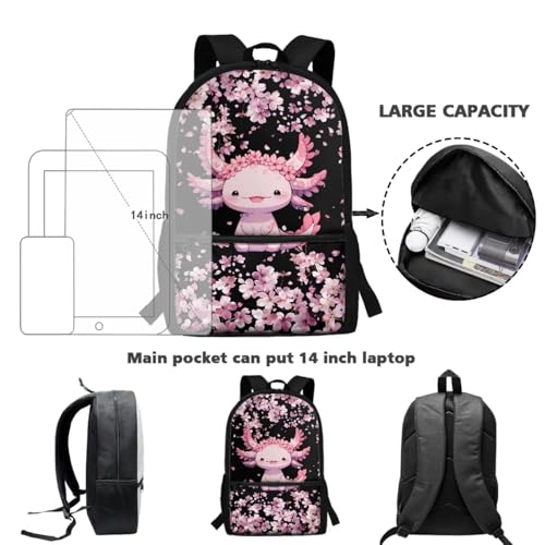 CLOHOMIN 3 in 1 Backpack with Lunch Box for Kids Cute Axolotl Bookbag for School Girls Lunch Bag and Water Bottle Bag Cherry Blossom Schoolbag for Elementary Middle School, 17 Inch - color: Axolotl Cherry Blossom