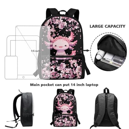 CLOHOMIN 3 in 1 Backpack with Lunch Box for Kids Cute Axolotl Bookbag for School Girls Lunch Bag and Water Bottle Bag Cherry Blossom Schoolbag for Elementary Middle School, 17 Inch - color: Axolotl Cherry Blossom