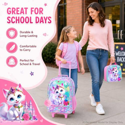 3Pcs Rolling Backpack for Girls, Kids Roller School Backpack with Wheels, Fox Wheeled Bookbag for Elementary Preschool Kindergarten(Pink) - color: Fox Pink