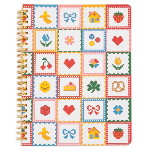 ban.do Small Colorful Spiral Notebook, Icons Quilt | 8.5" x 6.75" Mini Rough Draft Journal with 160 College Ruled Perforated Pages, Pocket, Rounded Corners, and Cute Cover - color: Quilt