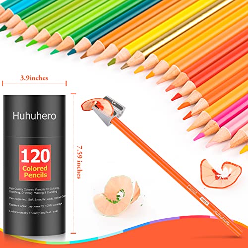 Huhuhero 색연필 120개, 성인용 아트 컬러 연필, 컬러링 북 | 생생한 오일 베이스 120가지 색상, 소프트 코어 매끄러운 레이다운, 파손 방지, 컬러링 북, 스케치용 컬러링 키트