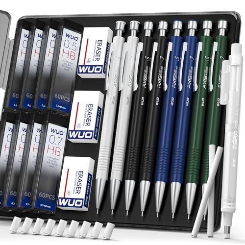 WUO 8PCS Mechanical Pencil Set with Case, 0.5 & 0.7mm Metal Drafting Pencils with Eraser Pen, 480 HB Lead Refills, 3 Erasers, 11 Eraser Refills, Artist Pencils for Writing, Drawing, Sketching